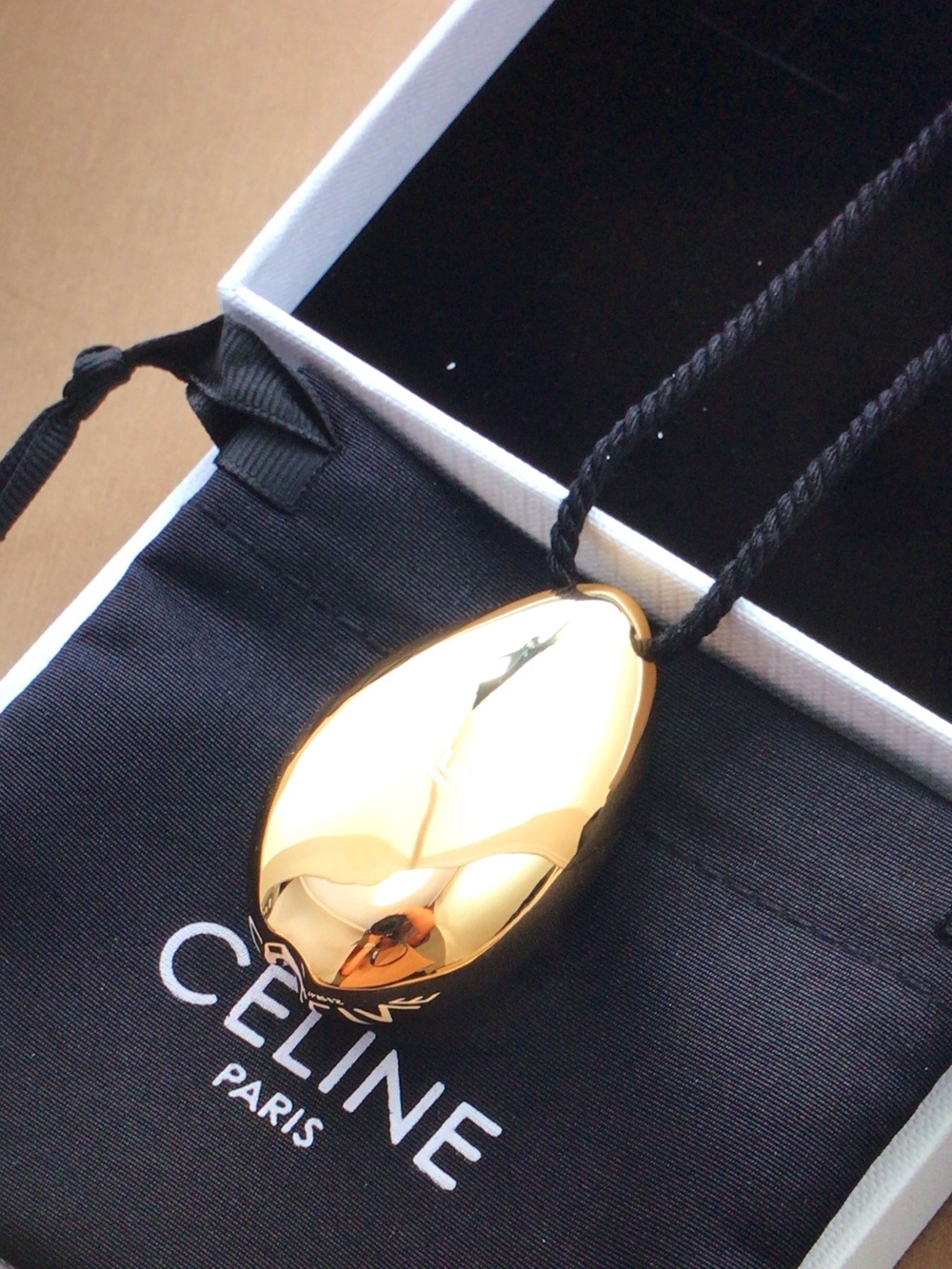 Celine Gold Teardrop Pendant Necklace with Black Cord - Picture 5 of 6